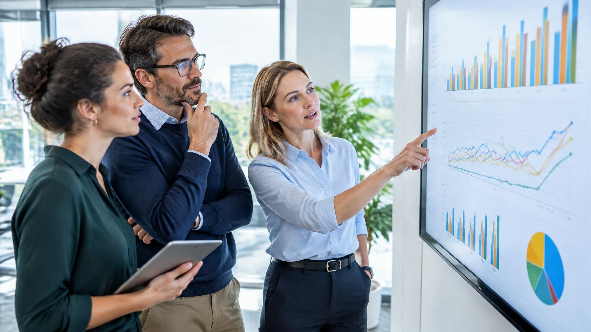 Research team reviewing data charts on a large screen in a modern office