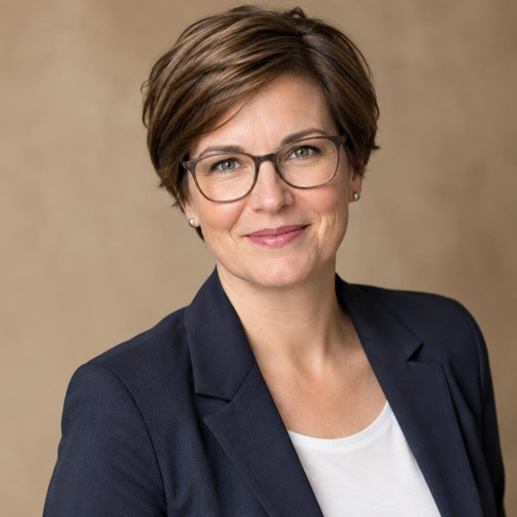 Studio portrait of a German woman in her 40s with short brown hair