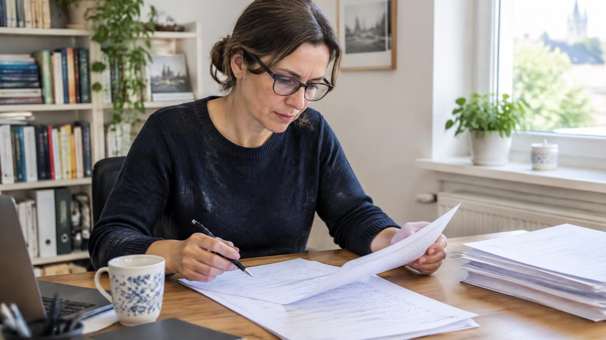 Researcher reviewing printed questionnaires at a desk
